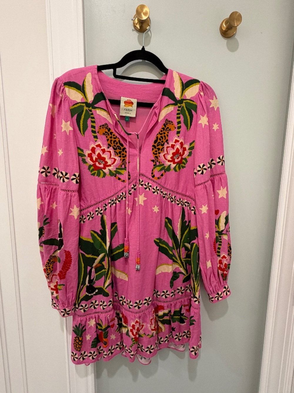 FARM Rio Pink Leopard Stars Tropical Linen Blend Mini Dress S